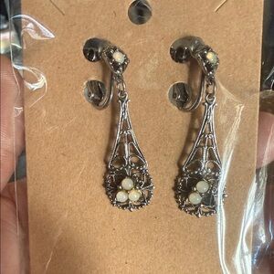 Vintage-Inspired Silver Drop Earrings with Cream Accent